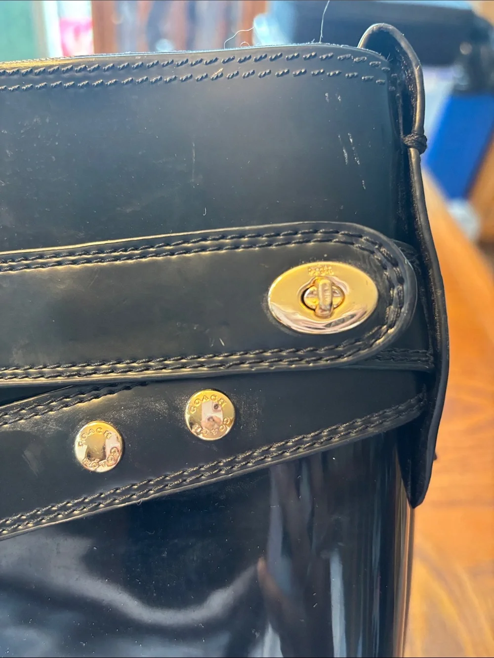 Coach Black Glossy Tall Boots with Strap Detail